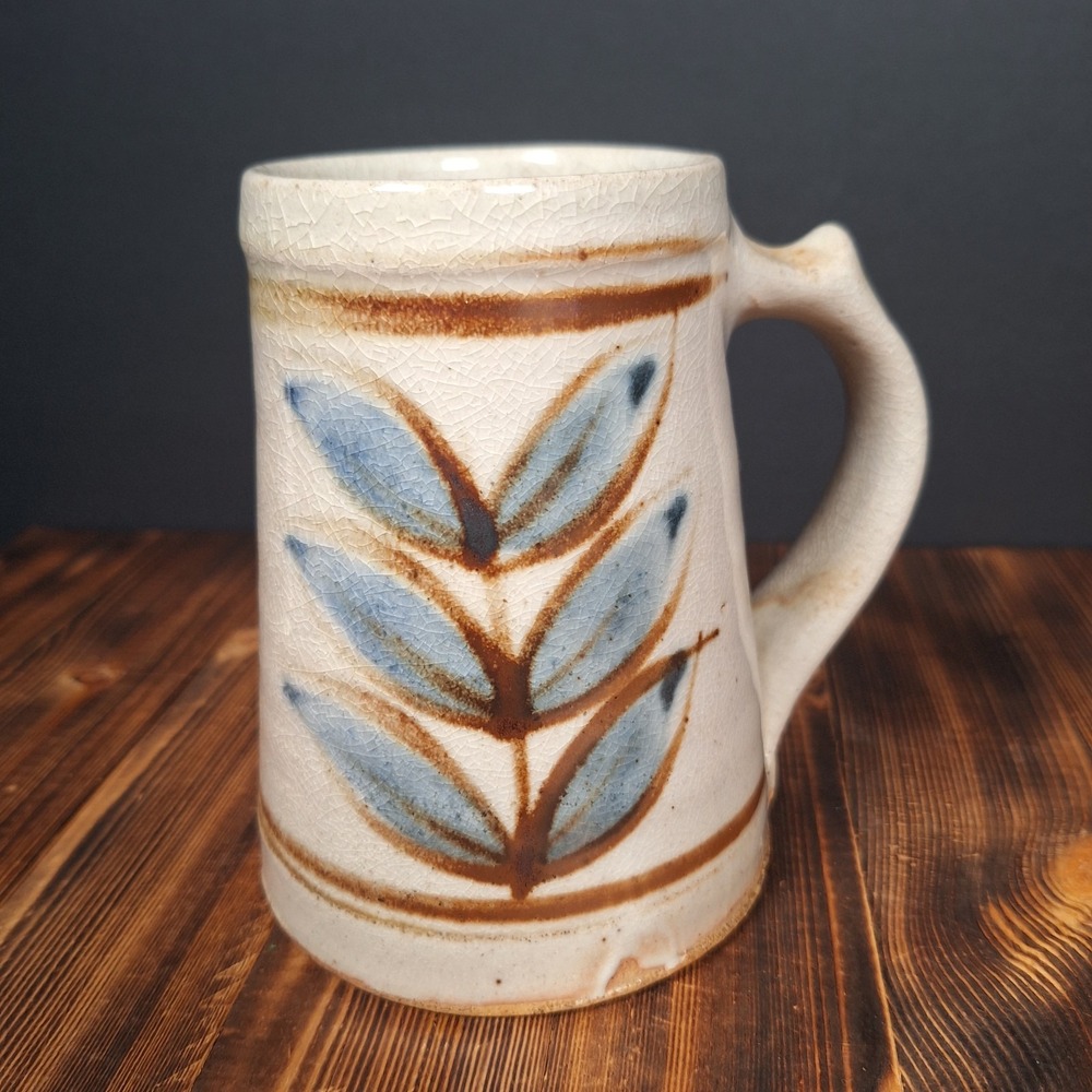 Holmes County Pottery Mug Hand Turned Painted 5.5" Tan Blue Leaf Stoneware
